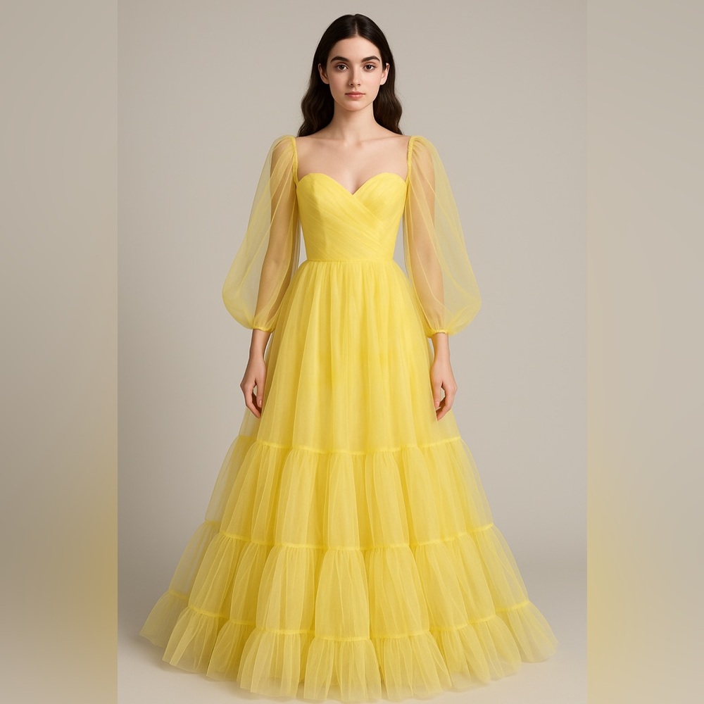 Jovani 38000A Yellow Tulle Ball Gown NWT Size 10 Off Shoulder Puff‎ Sleeve